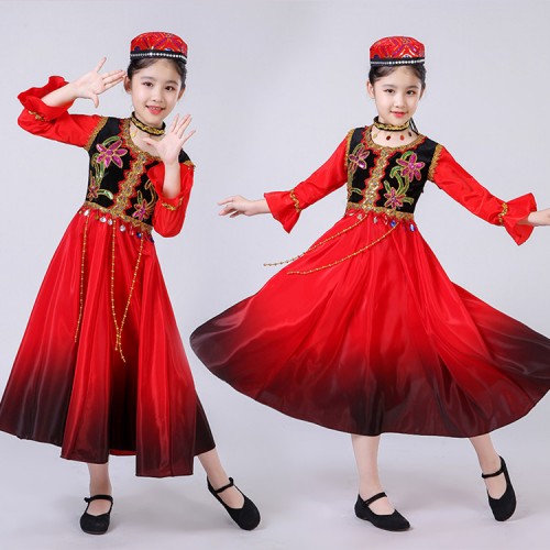 Chinese folk dance dresses for girls kids children pink red xinjiang dance Uighur minority stage performance dress